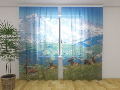Gardinen aus Chiffon "Elche auf der Bergweide" Vorhang mit 3D Fotodruck, auf Maß