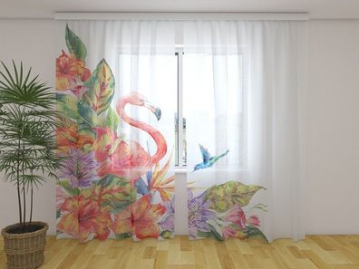 Gardinen aus Chiffon "Tropischer Flamingo" Vorhang mit 3D Fotodruck, Maßanferigung