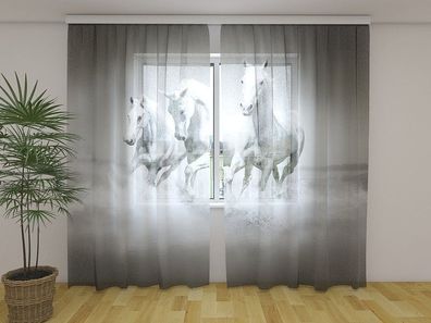 Gardinen aus Chiffon "Weisse Pferde" Vorhang mit 3D Fotodruck, Maßanferigung