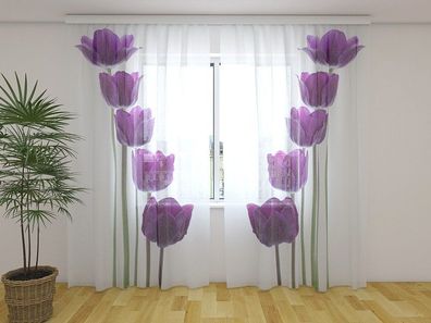 Gardinen aus Chiffon "Lila Tulpen 1" Vorhang mit 3D Fotodruck, Maßanfertigung