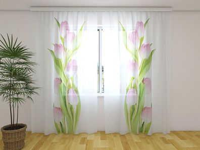 Gardinen aus Chiffon "Erstaunliche rosa Tulpen" Vorhang mit 3D Fotodruck, auf Maß