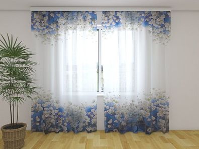Gardinen aus Chiffon "Blaue Hortensien" Vorhang mit 3D Fotodruck, Maßanfertigung