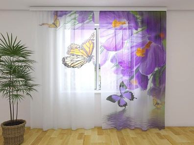 Gardinen aus Chiffon "Krokusse und Schmetterlinge" Vorhang mit 3D Fotodruck, auf Maß