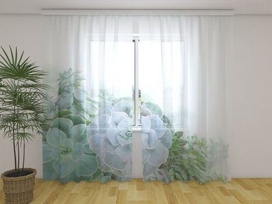 Gardinen aus Chiffon "Blau-grüne Blumen" Vorhang mit 3D Fotodruck, auf Maß