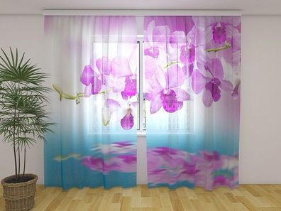 Gardinen aus Chiffon "Lila Orchideen Wasserspiegelung" Vorhang mit Fotodruck, auf Maß