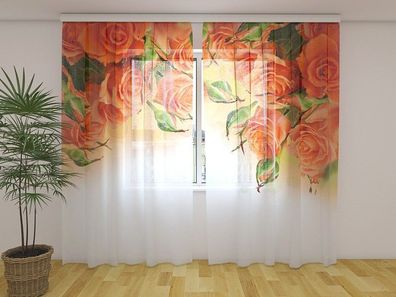 Gardinen aus Chiffon "Orange Rosen" Vorhang mit 3D Fotodruck, Maßanfertigung