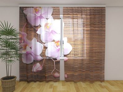 Gardinen aus Chiffon "Orchideen und dunkles Holz" Vorhang mit 3D Fotodruck, auf Maß