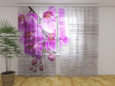 Gardinen aus Chiffon "Orchideen und helles Holz" Vorhang mit 3D Fotodruck, auf Maß