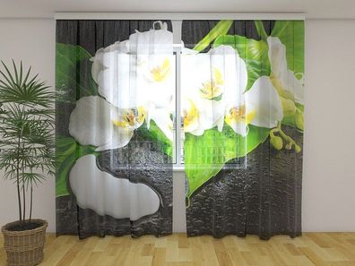 Gardinen aus Chiffon "Weisse Orchideen und Yin-Yang Steine" Vorhang mit 3D Fotodruck