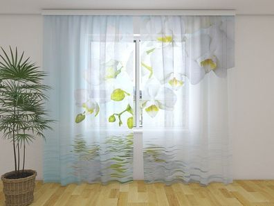 Gardinen aus Chiffon "Weisse Orchideen Wasserspiegelung" Vorhang mit 3D Fotodruck