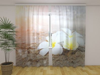 Gardinen aus Chiffon "Tropische Blumen am Strand" Vorhang mit 3D Fotodruck, auf Maß