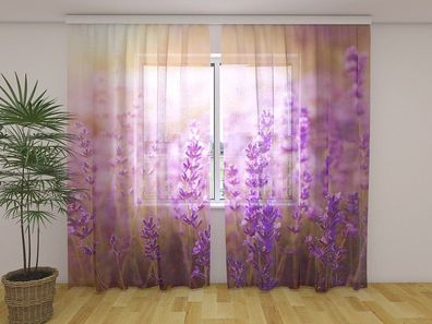 Gardinen aus Chiffon "Sonnenuntergang über Lavendelfeld" Vorhang mit 3D Fotodruck