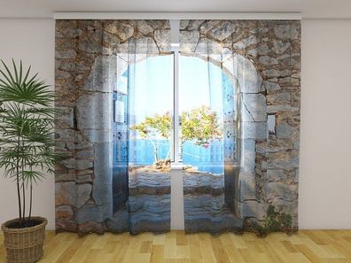 Gardinen aus Chiffon "Bogenblick auf das Meer" Vorhang mit 3D Fotodruck, auf Maß