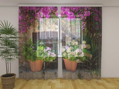 Gardinen aus Chiffon "Wand mit Topfblumen" Vorhang mit 3D Fotodruck, auf Maß