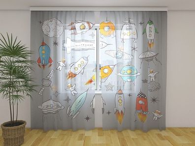 Gardinen aus Chiffon "Raumschiffe" Vorhang mit 3D Fotodruck, Maßanfertigung