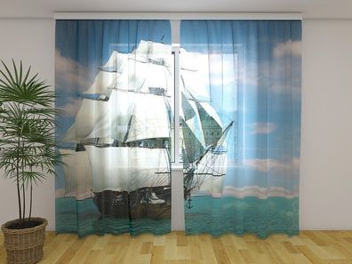 Gardinen aus Chiffon "Traumhaftes Segelschiff" Vorhang mit 3D Fotodruck, auf Maß