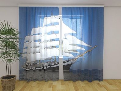 Gardinen aus Chiffon "Weisses Segelschiff" Vorhang mit 3D Fotodruck, auf Maß