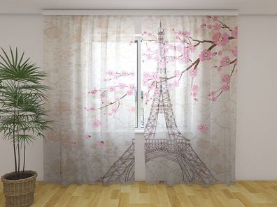 Gardinen aus Chiffon "Eiffelturm und Sakura" Vorhang mit 3D Fotodruck, Maßanfertigung