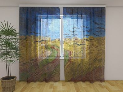 Gardinen aus Chiffon "Weizenfeld mit Raben" Vorhang mit 3D Fotodruck, Maßanfertigung