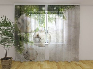 Gardinen aus Chiffon "Silberne Weihnachtskugeln" Vorhang mit 3D Fotodruck, auf Maß