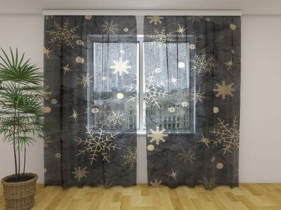 Gardinen aus Chiffon "Goldene Schneeflocken" Vorhang mit 3D Fotodruck, auf Maß