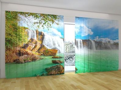 Fotogardinen "Wasserfall in Vietnam" Vorhang mit 3D Fotodruck für breite Fenster