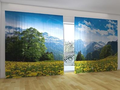 Fotogardinen "Alpen im Sommer" Vorhang mit 3D Fotodruck für breite Fenster, auf Maß