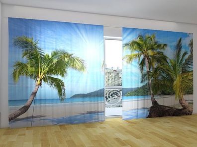 Fotogardinen "Sonne und Palmeninsel" Vorhang mit Fotodruck für breite Fenster auf Maß
