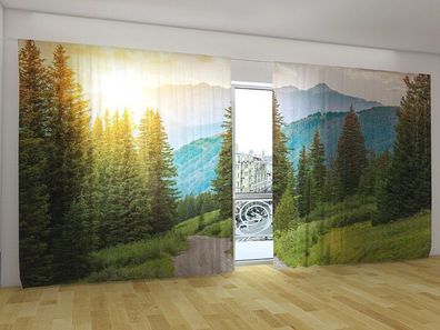 Fotogardinen "Sonne und Berge" Vorhang mit 3D Fotodruck für breite Fenster auf Maß