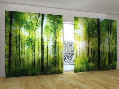 Fotogardinen "Lange Sonnenstrahlen im Wald" Vorhang mit Fotodruck für breite Fenster