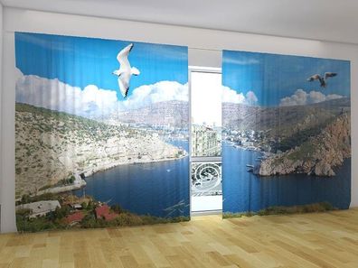 Fotogardinen "Seemöwen" Vorhang mit 3D Fotodruck, Gardinen für breite Fenster auf Maß