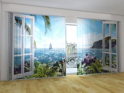 Fotogardinen "Fensterblick auf das Meer" Vorhang mit 3D Fotodruck für breite Fenster
