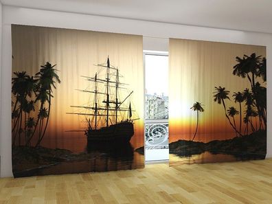 Fotogardinen "Segelschiff bei Sonnenuntergang" Vorhang Fotodruck für breite Fenster