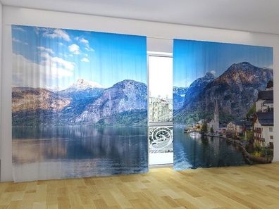 Fotogardinen "Altes Bergdorf" Vorhang mit 3D Fotodruck, Gardinen für breite Fenster
