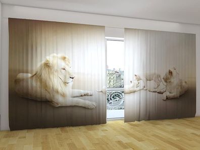 Fotogardinen "Weisse Löwen" Vorhang mit 3D Fotodruck, Gardinen für breite Fenster