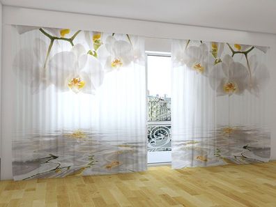 Fotogardinen "Weisse Orchideen Wasserspiegelung" Vorhang mit 3D Fotodruck, auf Maß