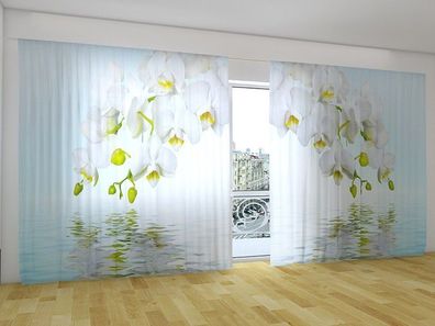 Fotogardinen "Weisse Orchideen" Vorhang mit 3D Fotodruck, Gardinen für breite Fenster
