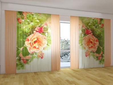Fotogardinen "Pfirsichrose 1" Vorhang mit 3D Fotodruck, Gardinen für breite Fenster