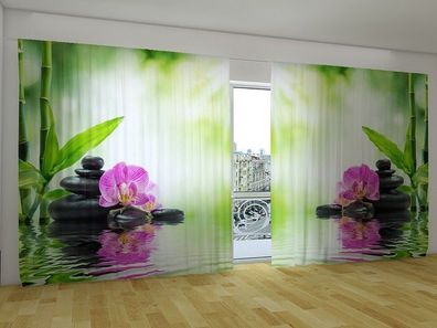 Fotogardinen "Orchideen und Steine am Wasser" Vorhang 3D Fotodruck für breite Fenster