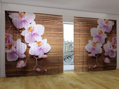 Fotogardinen "Orchideen und dunkles Holz" Vorhang 3D Fotodruck für breite Fenster