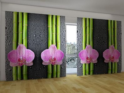 Fotogardinen "Orchideen und Bambus" Vorhang mit Fotodruck Gardinen für breite Fenster