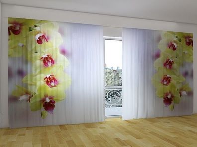 Fotogardinen "Gelbe Orchideen" Vorhang mit 3D Fotodruck, Gardinen für breite Fenster