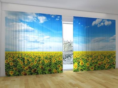 Fotogardinen "Sonnenblumenfeld" Vorhang mit 3D Fotodruck, Gardinen für breite Fenster