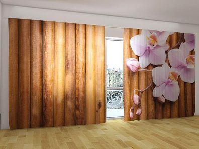 Fotogardinen "Orchideen auf trockenem Bambus" Vorhang 3D Fotodruck für breite Fenster