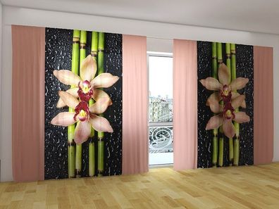 Fotogardinen "Bambus Orchideen und Tropfen" Vorhang mit Fotodruck für breite Fenster