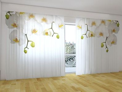 Fotogardinen "Grosse weisse Orchideen" Vorhang mit 3D Fotodruck für breite Fenster
