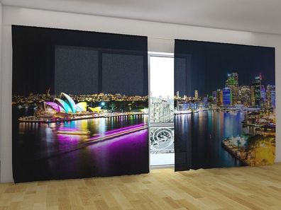 Fotogardinen "Sydney bei Nacht" Vorhang 3D Fotodruck, Gardinen für breite Fenster