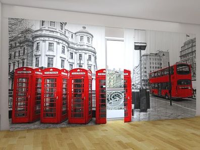 Fotogardinen "Telefonzellen von London" Vorhang 3D Fotodruck für breite Fenster