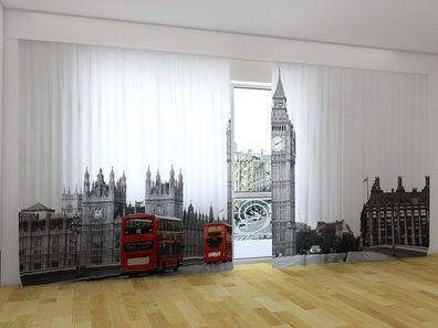 Fotogardinen "Rote Busse von London" Vorhang mit 3D Fotodruck für breite Fenster