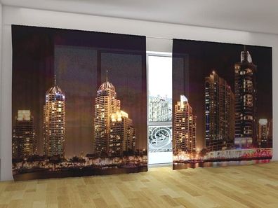Fotogardinen "Dubai bei Nacht 1" Vorhang mit 3D Fotodruck Gardinen für breite Fenster